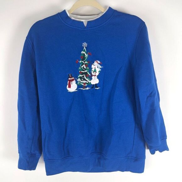 Women's Vintage Blue Snowman Holiday Grandma Embroidered Christmas Sweater / S - Picture 1 of 5